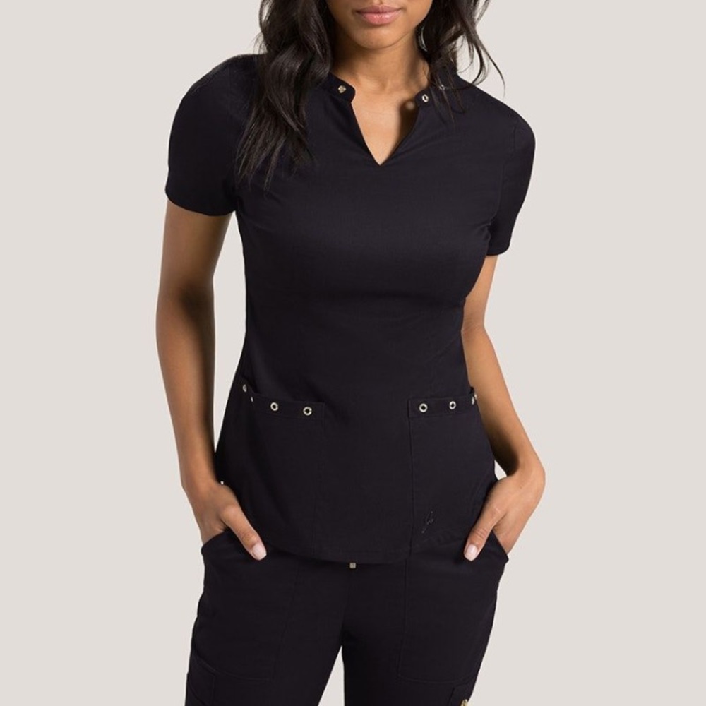 Jaanuu Black eyelet scrub top—size Small